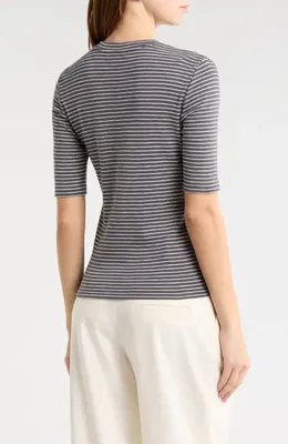 Vince Vince Stripe Elbow Sleeve Cotton Blend Knit Top in Oceana Combo — Women Summer brown Tops
