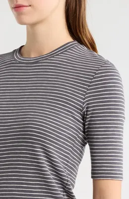 Vince Vince Stripe Elbow Sleeve Cotton Blend Knit Top in Oceana Combo — Women Summer brown Tops
