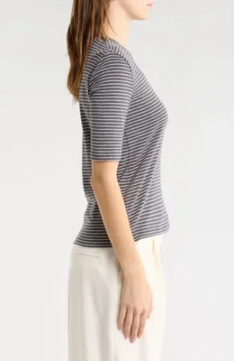 Vince Vince Stripe Elbow Sleeve Cotton Blend Knit Top in Oceana Combo — Women Summer brown Tops