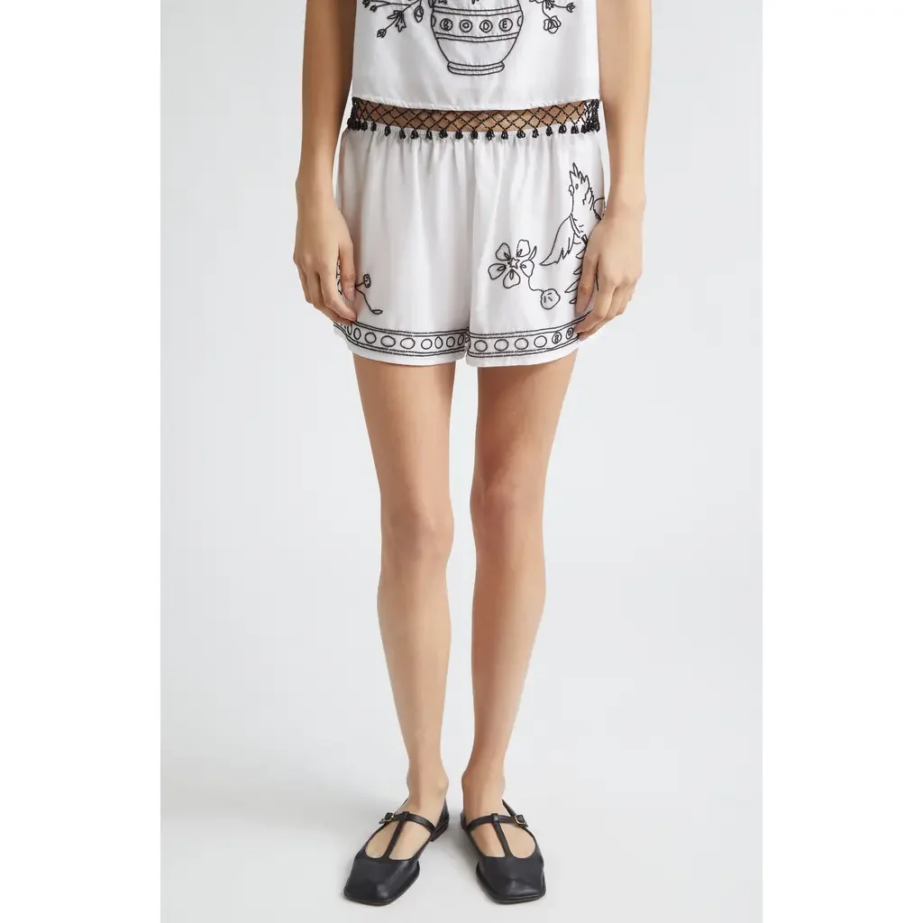 Bode Bode Beaded Cockatoo Cotton & Silk Poplin Tap Shorts in White — Women Spring white Shorts