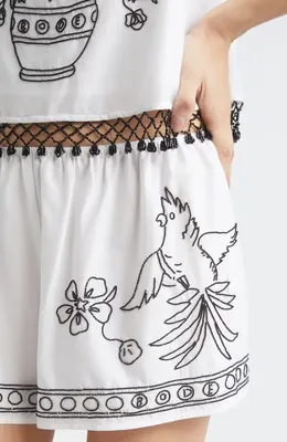 Bode Bode Beaded Cockatoo Cotton & Silk Poplin Tap Shorts in White — Women Spring white Shorts