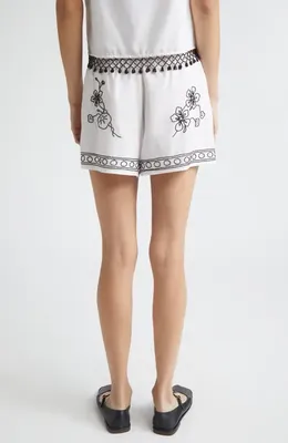 Bode Bode Beaded Cockatoo Cotton & Silk Poplin Tap Shorts in White — Women Spring white Shorts