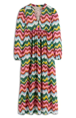 Boden Boden Boho Print Tie Neck Cotton Kaftan Midi Dress in Multi, Zig Zag Wave in Multi/ Zig Zag Wave — Women Spring red Dresses