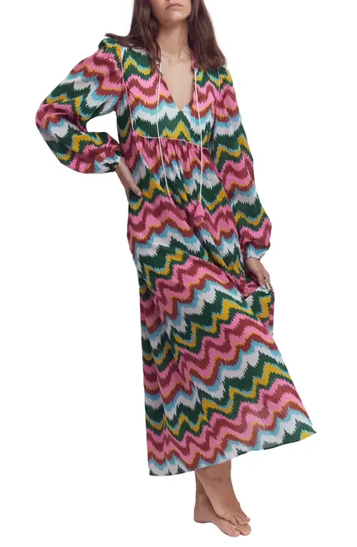 Boden Boden Boho Print Tie Neck Cotton Kaftan Midi Dress in Multi, Zig Zag Wave in Multi/ Zig Zag Wave — Women Spring red Dresses