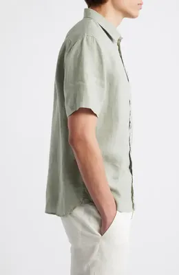 Vince Vince Classic Fit Short Sleeve Linen Shirt in Matcha — Men Autumn khaki Tops