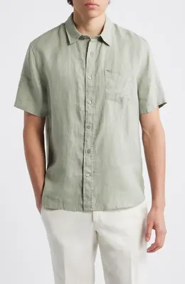 Vince Vince Classic Fit Short Sleeve Linen Shirt in Matcha — Men Autumn khaki Tops