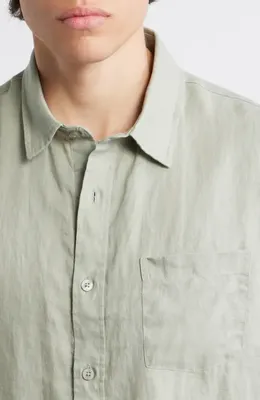 Vince Vince Classic Fit Short Sleeve Linen Shirt in Matcha — Men Autumn khaki Tops