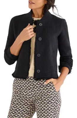 NIC+ZOE NIC+ZOE Fringe Mix Knit Bomber Jacket in Black Onyx — Women Winter black Outerwear