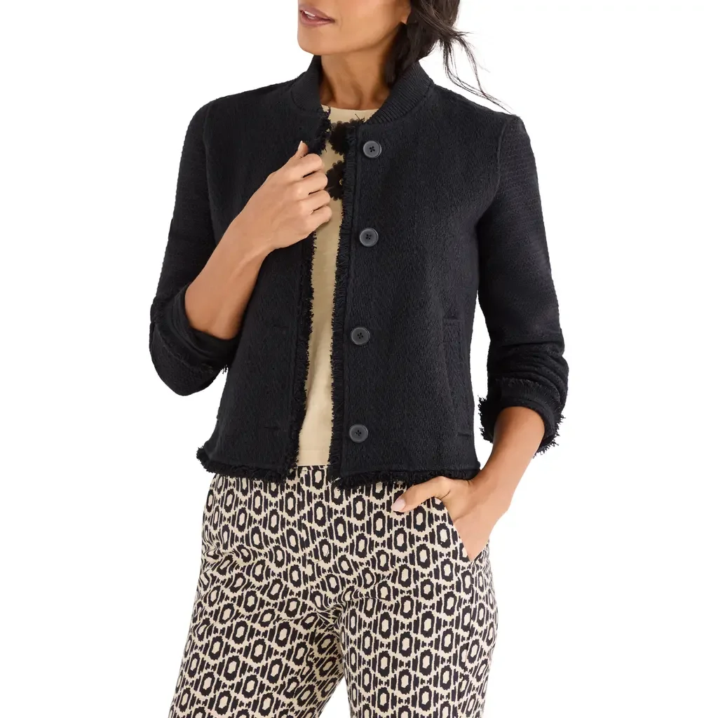 NIC+ZOE NIC+ZOE Fringe Mix Knit Bomber Jacket in Black Onyx — Women Winter black Outerwear