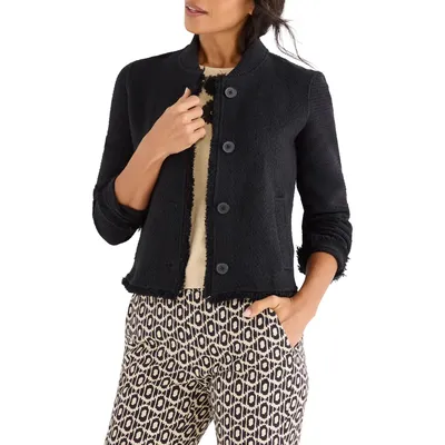 NIC+ZOE NIC+ZOE Fringe Mix Knit Bomber Jacket in Black Onyx — Women Winter black Outerwear