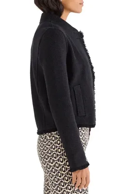 NIC+ZOE NIC+ZOE Fringe Mix Knit Bomber Jacket in Black Onyx — Women Winter black Outerwear