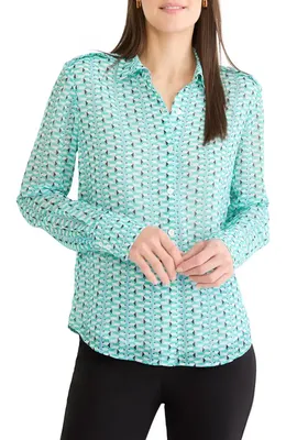 NIC+ZOE NIC+ZOE Geo Steps Relaxed FIt Chiffon Button-Up Shirt in Green Multi — Women Summer silver Tops