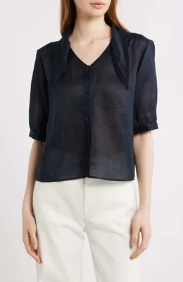 FRAME FRAME The Novelist Tie Neck Button-Up Shirt in Navy — Women Winter navy Button-Down Shirts