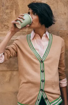 Boden Boden Longline Cotton & Cashmere V-Neck Cardigan in Camel Melange — Women Autumn tan Sweaters & Knits