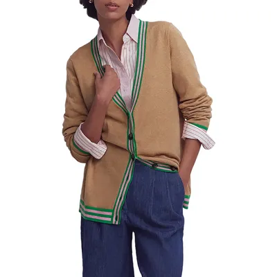 Boden Boden Longline Cotton & Cashmere V-Neck Cardigan in Camel Melange — Women Autumn tan Tops