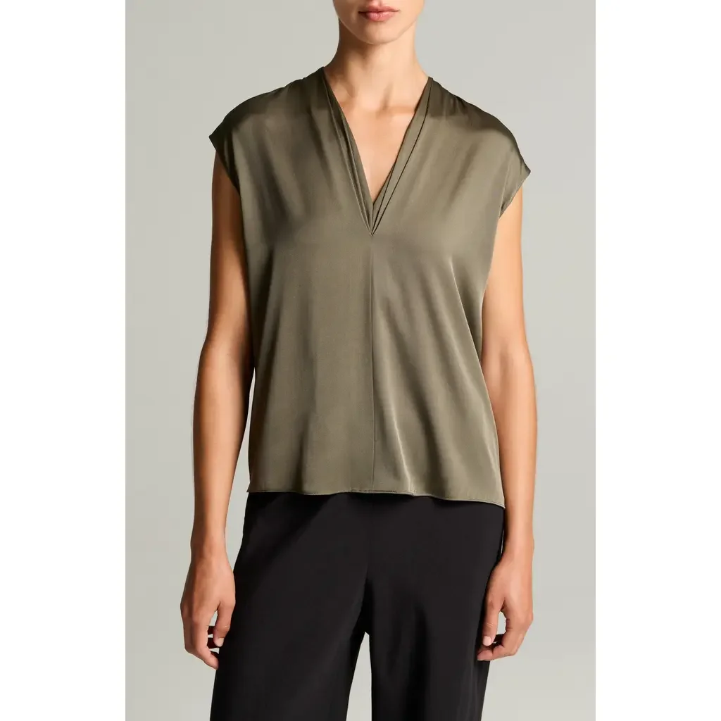 Vince Vince V-Neck Cap Sleeve Top in Pine Grove — Women Autumn grey Tops