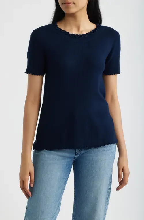 NIC+ZOE NIC+ZOE Ruffle Trim Short Sleeve Sweater in Dark Indigo — Women Winter navy Tops