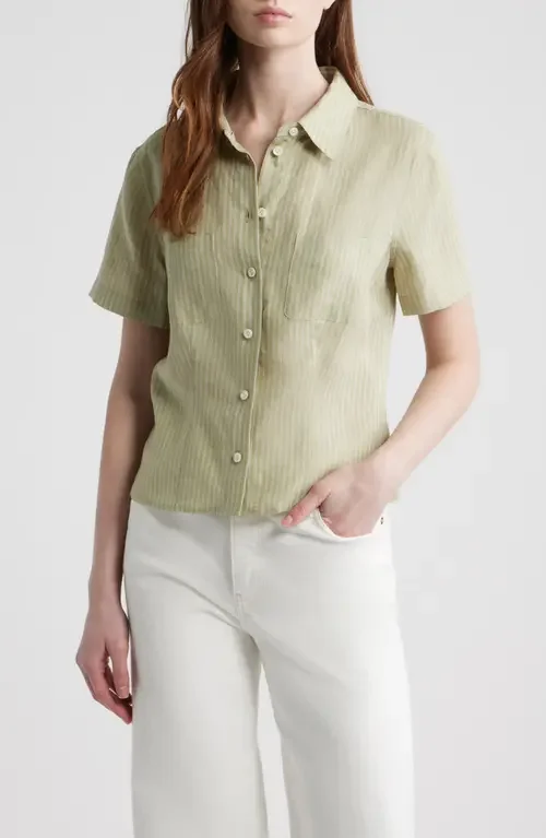 FRAME FRAME The Seaside Pinstripe Button-Up Top in Sage Multi — Women Spring ivory Tops