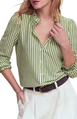 Boden Boden Effie Smocked Button-Up Shirt in Safari Green And Ivory Stripe — Women Autumn green Button-Down Shirts