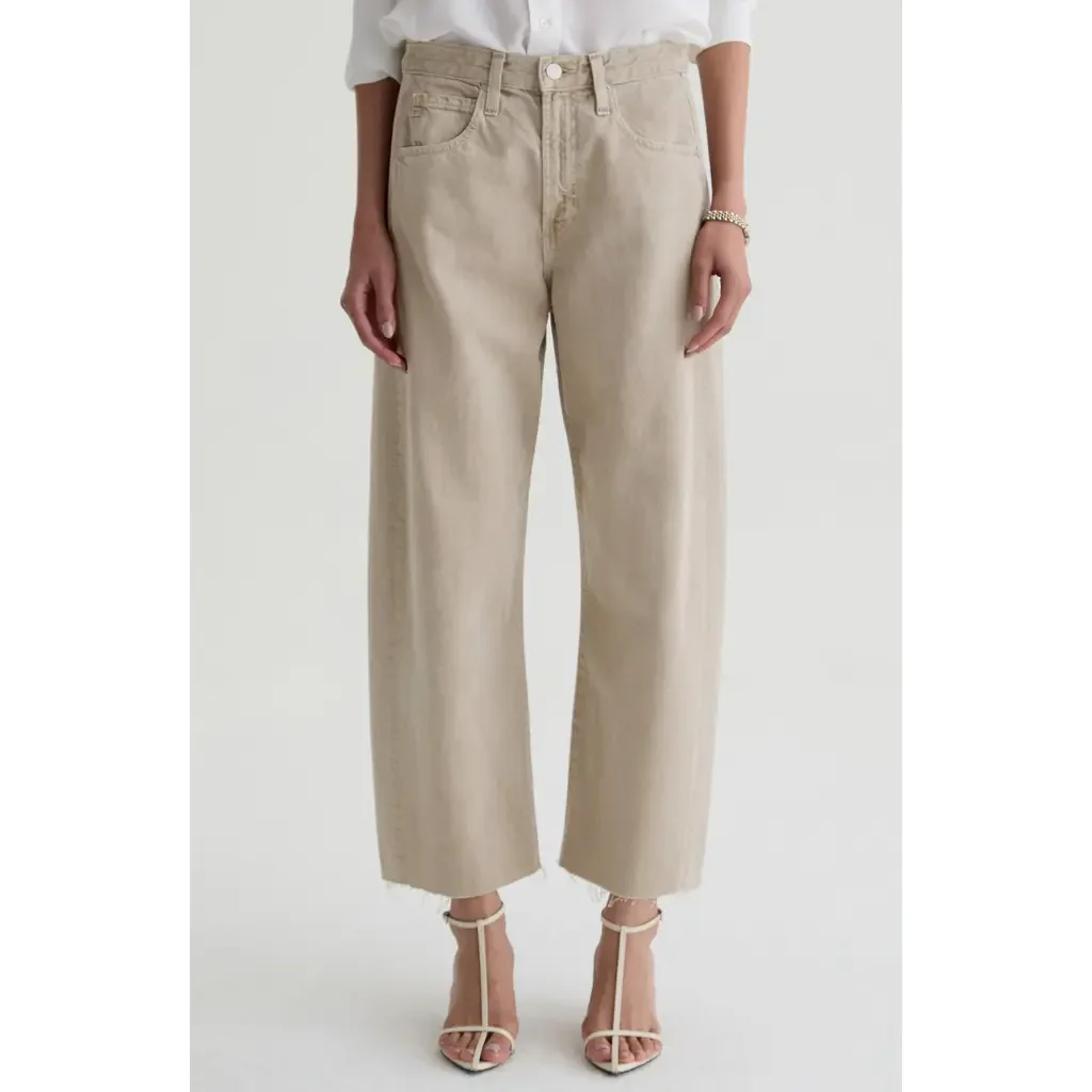 AG AG Hattie Raw Hem High Waist Crop Barrel Jeans in Sulfur Light Taupe — Women Autumn beige Pants
