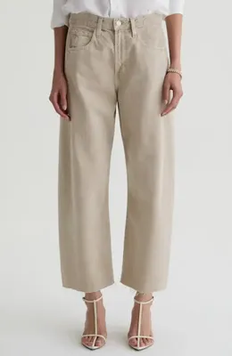 AG AG Hattie Raw Hem High Waist Crop Barrel Jeans in Sulfur Light Taupe — Women Autumn beige Pants