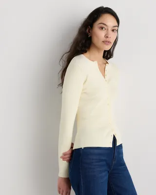 Quince Quince | Women's Cotton Cashmere Fitted Ribbed Cardigan Sweater in Pale Custard Yellow — Women Spring ivory Sweaters & Knits
