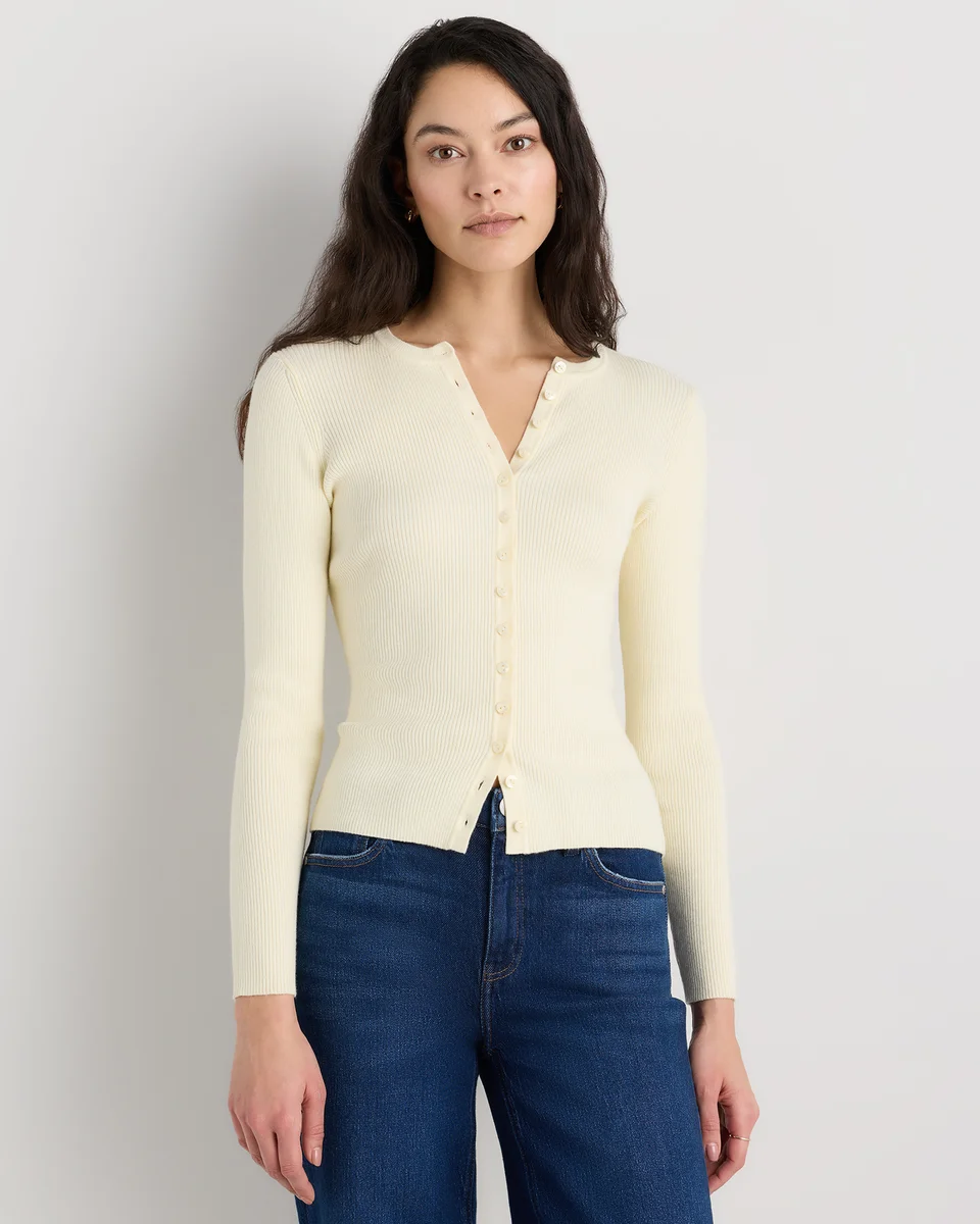 Quince Quince | Women's Cotton Cashmere Fitted Ribbed Cardigan Sweater in Pale Custard Yellow — Women Spring ivory Sweaters & Knits