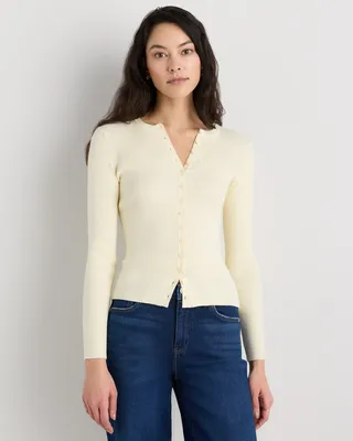 Quince Quince | Women's Cotton Cashmere Fitted Ribbed Cardigan Sweater in Pale Custard Yellow in Pale Custard Yellow — Women Spring Tops