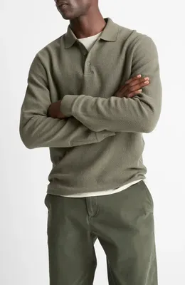 Vince Vince Long Sleeve Basketweave Polo in Sycamore — Men Autumn khaki Polos