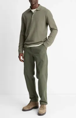 Vince Vince Long Sleeve Basketweave Polo in Sycamore — Men Autumn khaki Polos