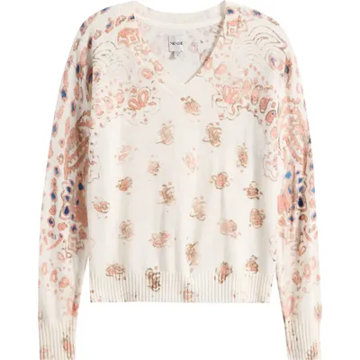 NIC+ZOE NIC+ZOE Paisley V-Neck Sweater in Pink Multi — Women Spring white Tops