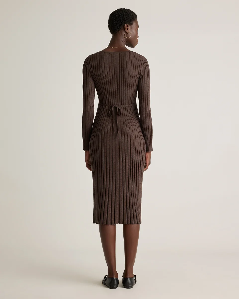 Quince Quince | Women's Cotton Cashmere Ribbed Long Sleeve V-Neck Midi Dress in Mocha Heather — Women Autumn brown Midi Dresses