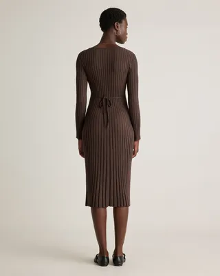 Quince Quince | Women's Cotton Cashmere Ribbed Long Sleeve V-Neck Midi Dress in Mocha Heather — Women Autumn brown Midi Dresses