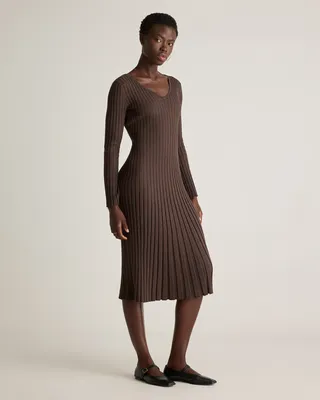 Quince Quince | Women's Cotton Cashmere Ribbed Long Sleeve V-Neck Midi Dress in Mocha Heather — Women Autumn brown Midi Dresses
