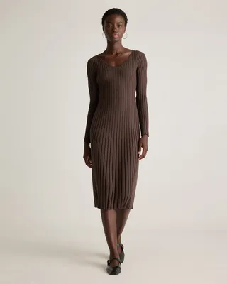 Quince Quince | Women's Cotton Cashmere Ribbed Long Sleeve V-Neck Midi Dress in Mocha Heather — Women Autumn brown Midi Dresses