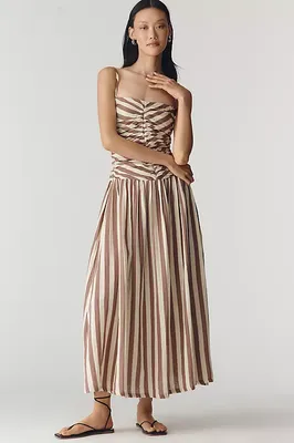 Tach Clothing Nina Cotton Ruched Midi Dress in brown — Autumn brown