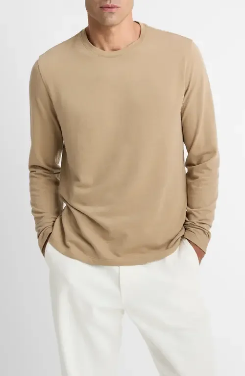 Vince Vince Bird's Eye Stitch Long Sleeve Pima Cotton Crewneck T-Shirt in British Khaki/Med Grey — Men Autumn beige Tops