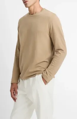 Vince Vince Bird's Eye Stitch Long Sleeve Pima Cotton Crewneck T-Shirt in British Khaki/Med Grey — Men Autumn beige Tops