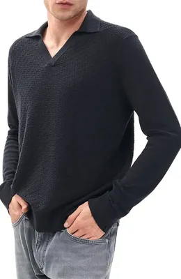 rag & bone rag & bone Charles Wool Johnny Collar Polo Sweater in Washed Black — Men Winter black Polos