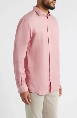 johnnie-O johnnie-O McCarthy Solid Linen Blend Button-Up Shirt in Malibu Red — Men Spring pink Tops