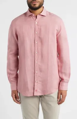 johnnie-O johnnie-O McCarthy Solid Linen Blend Button-Up Shirt in Malibu Red — Men Spring pink Tops