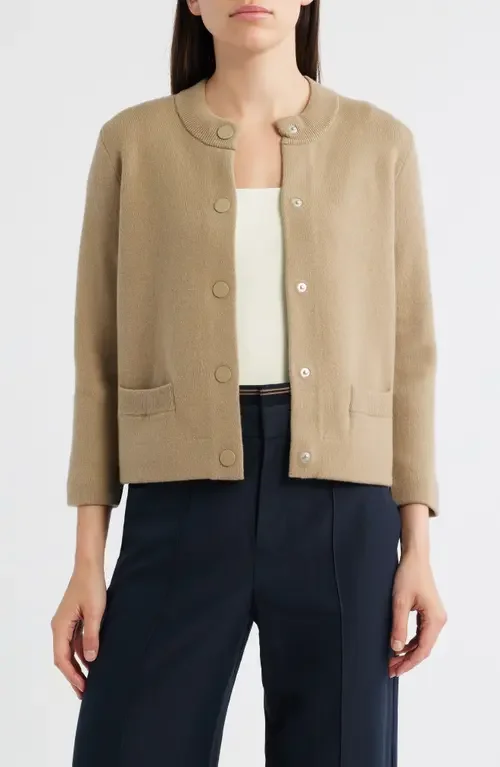 Vince Vince Shrunken Wool & Cashmere Snap Cardigan in Fawn — Women Autumn beige Sweaters & Knits