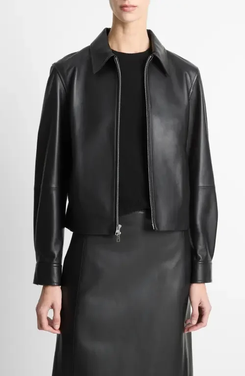 Vince Vince Zip Crop Leather Jacket in Black — Women Winter black Outerwear