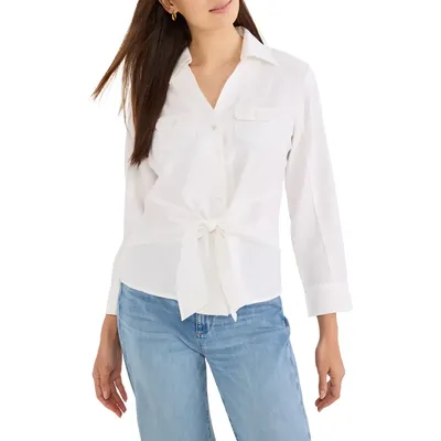 NIC+ZOE NIC+ZOE Iconic Tie Front Button-Up Shirt in Paper White — Women Summer white Tops