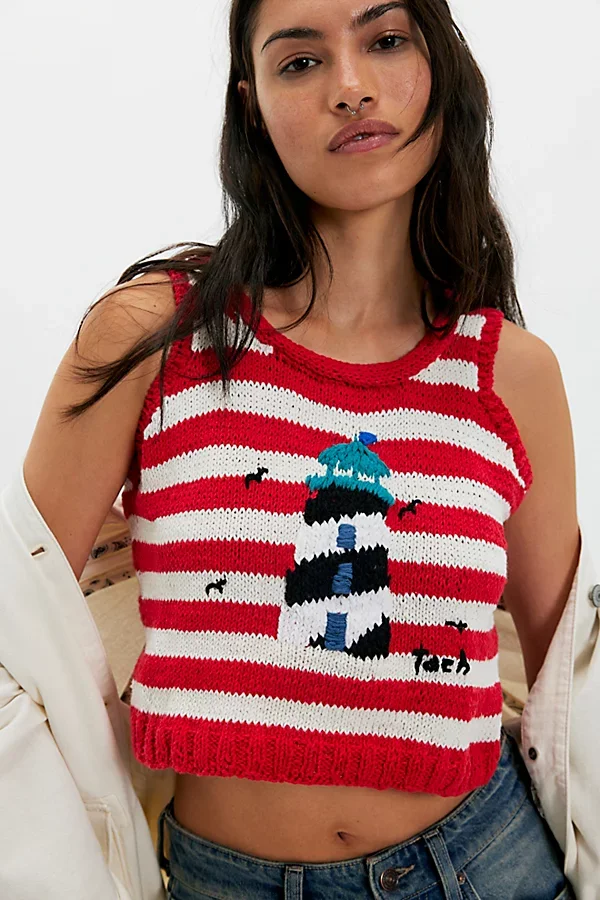 Tach Clothing Tach Ancla Knit Top in Red And White Stripes — Women Spring red