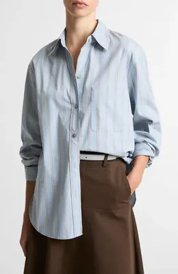 Vince Vince Stripe Cotton Blend Button-Up Shirt in Del Mar Multi — Women Summer silver Tops
