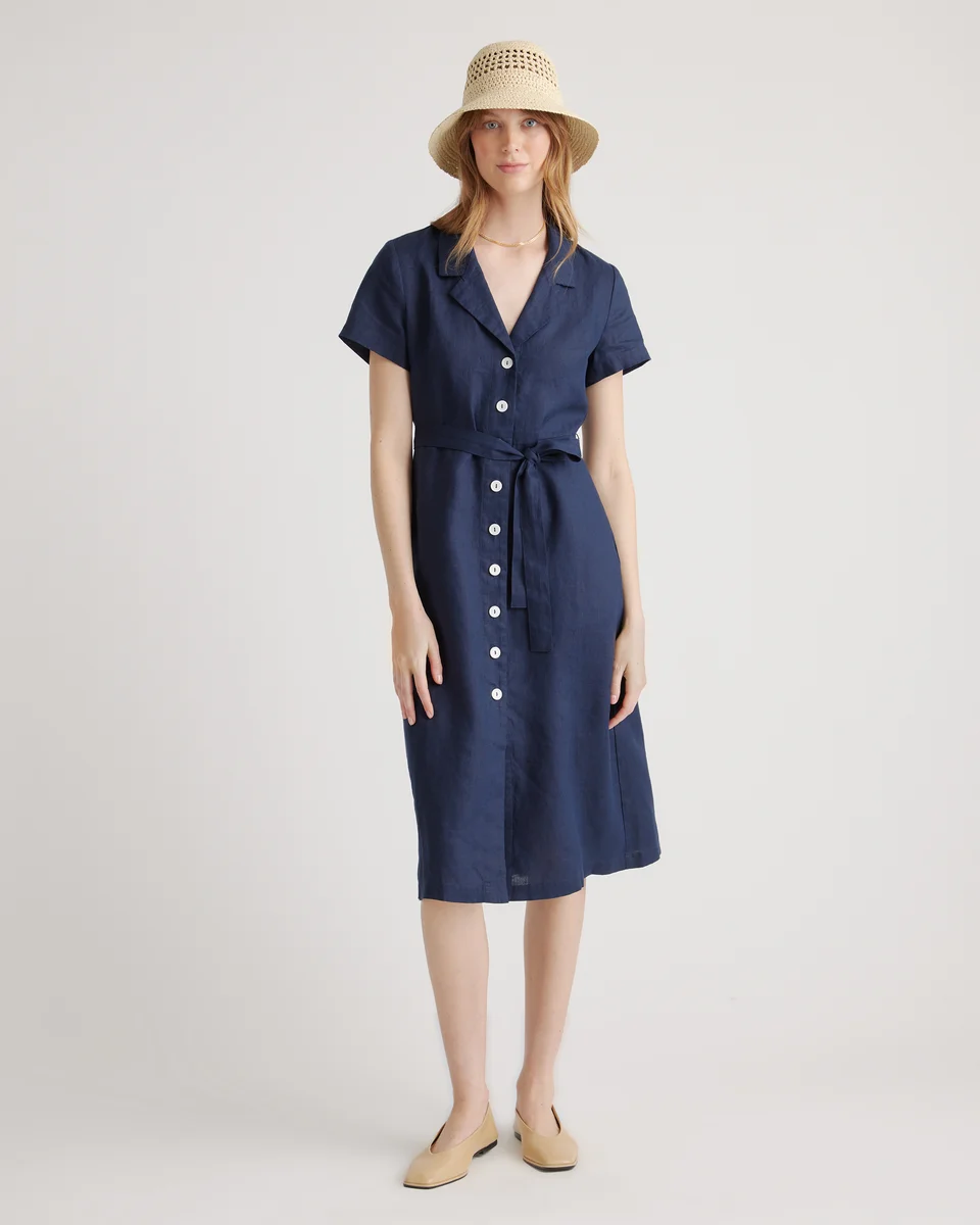Quince Quince | Women's 100% European Linen Button Front Dress in Deep Navy — Women Winter navy Dresses