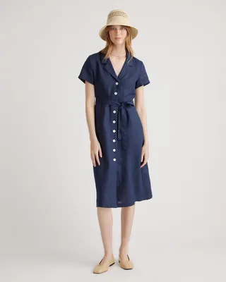 Quince Quince | Women's 100% European Linen Button Front Dress in Deep Navy — Women Winter navy Dresses