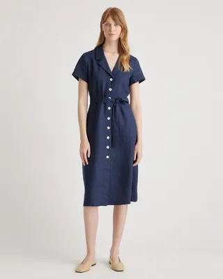 Quince Quince | Women's 100% European Linen Button Front Dress in Deep Navy — Women Winter navy Dresses