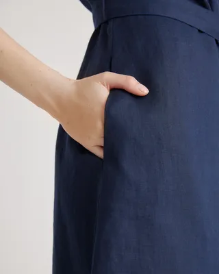 Quince Quince | Women's 100% European Linen Button Front Dress in Deep Navy — Women Winter navy Dresses